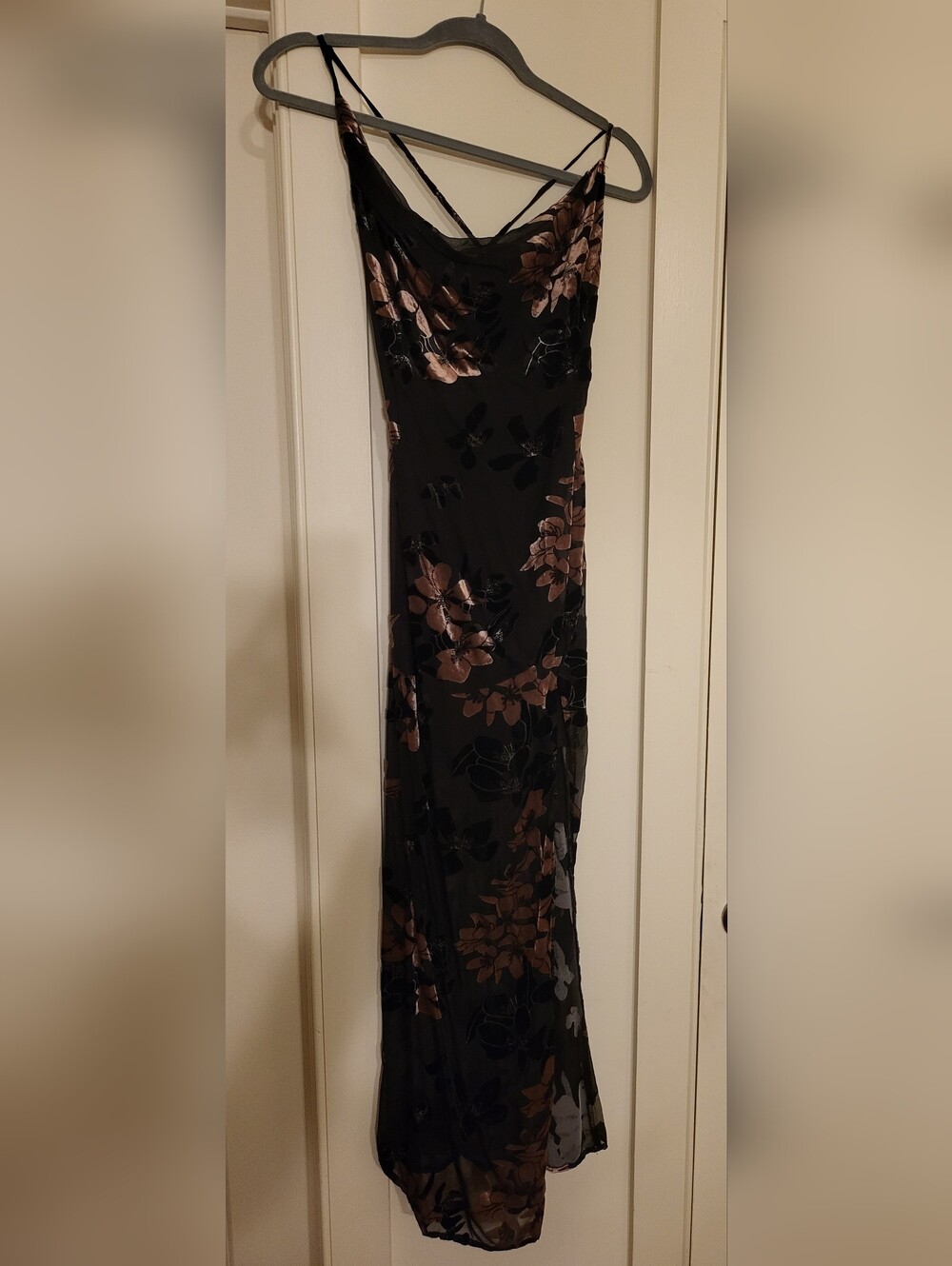 Black Floral Maxi Dress with Rose Gold Velvet Floral Accents